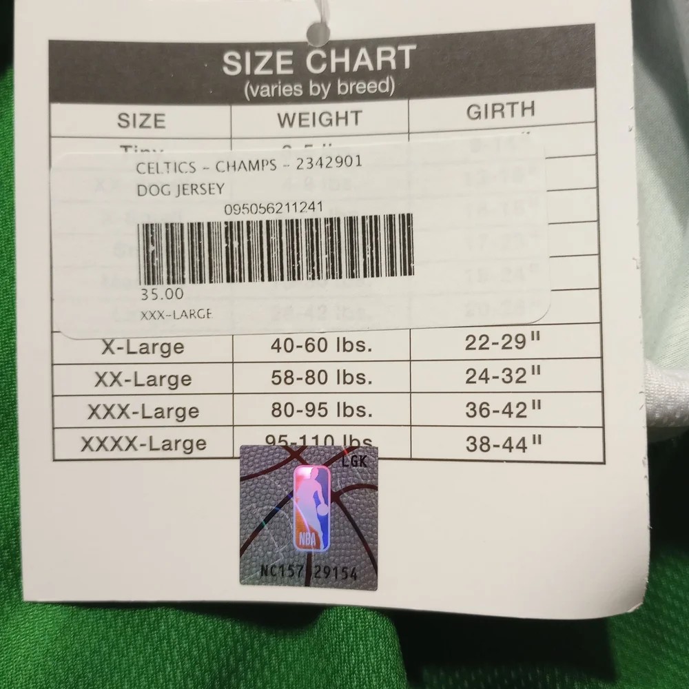 NWT Boston Celtics 2024 NBA Champions Dog Pet Jersey XL XXL XXXL XXXXL Costume